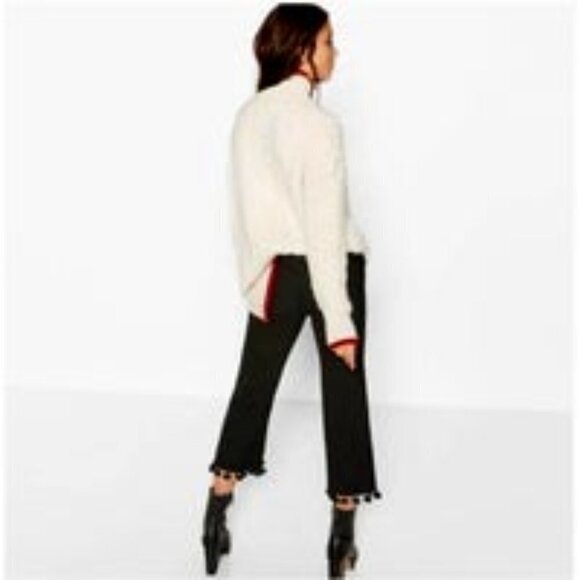 NEW Zara Black Pompom Tassel Hem Cropped Flare Career  Pants Trousers Size S - Picture 3 of 16